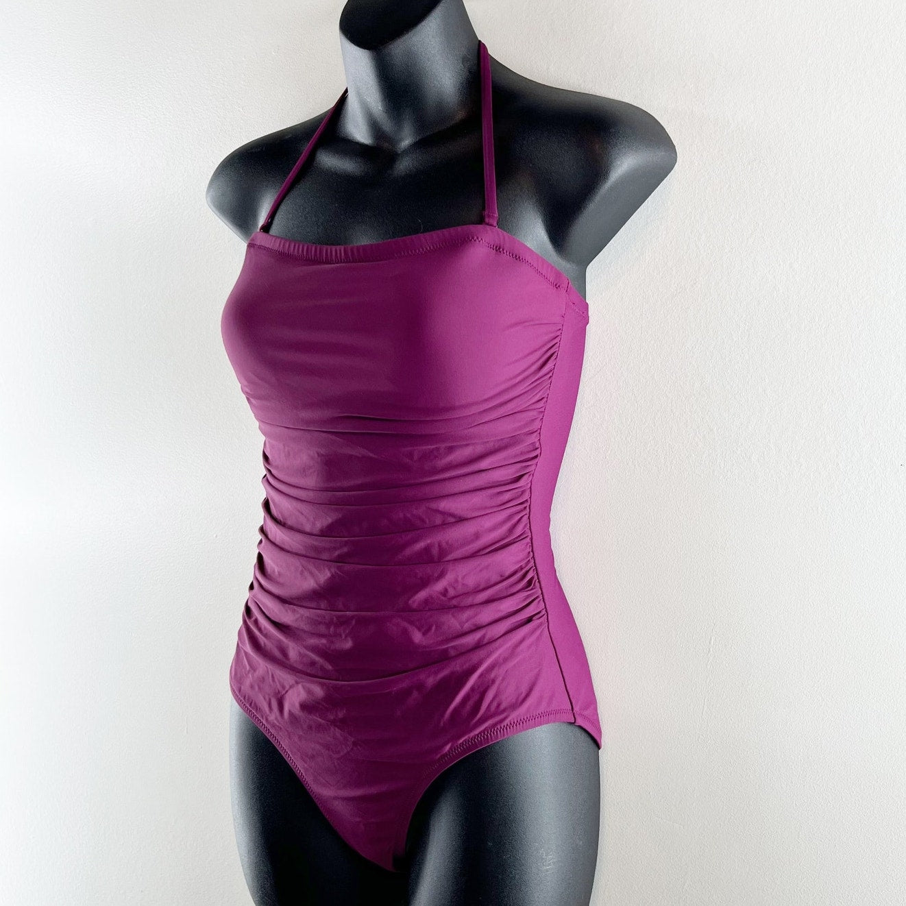J. Crew Ruched Bandeau Halter Strapless One Piece Swimsuit Purple 4