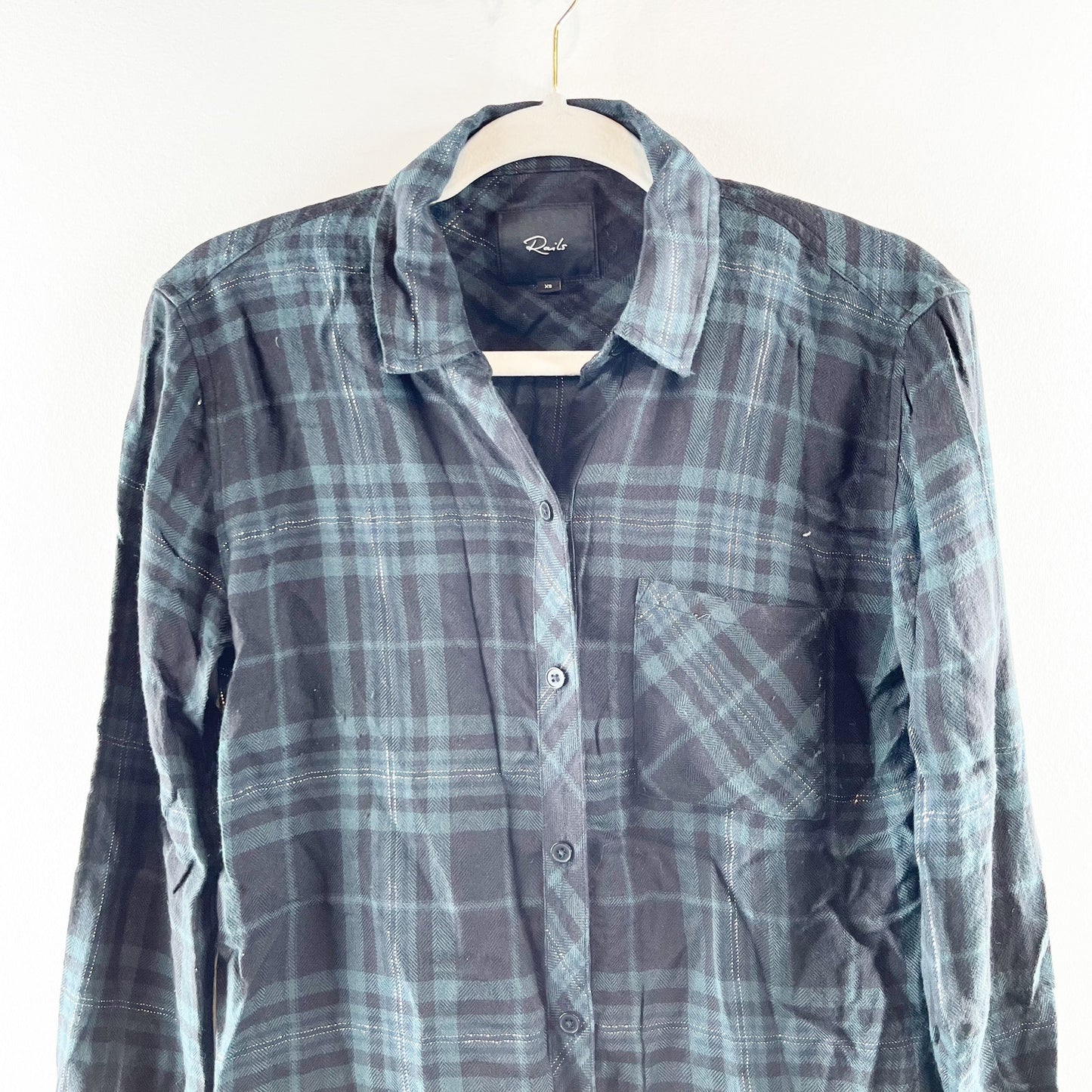 Rails Hunter Button Down Plaid Flannel Long Sleeve Forest Tinsel Slate Green XS