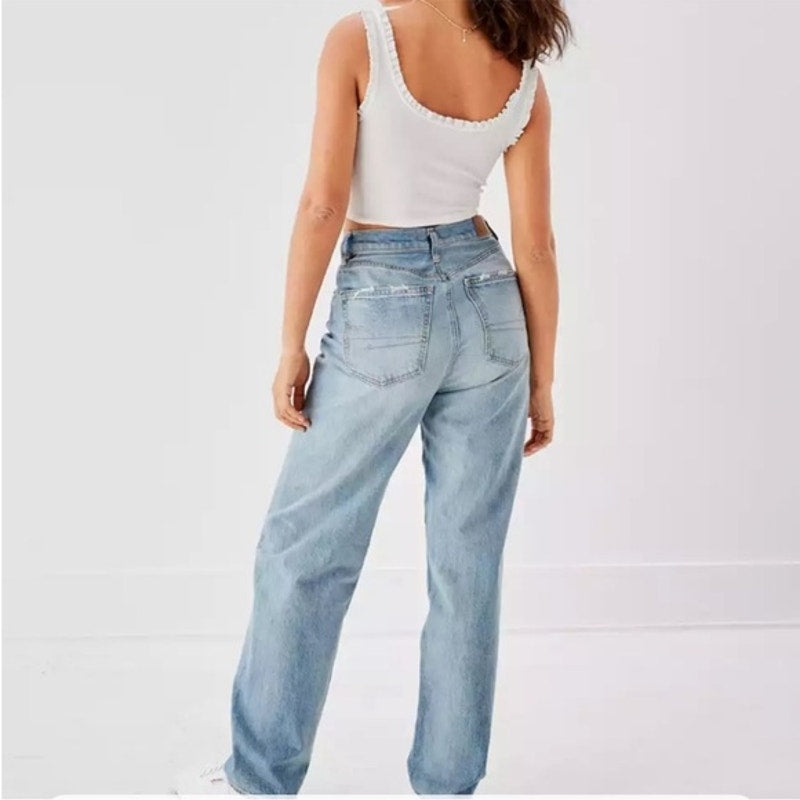 American Eagle High Rise Straight Leg Baggy Jeans Light Wash Blue 4