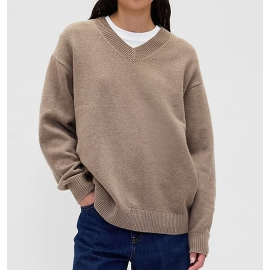 GAP Cashsoft V Neck Oversized Sweater Toasted Almond Brown XS Petite