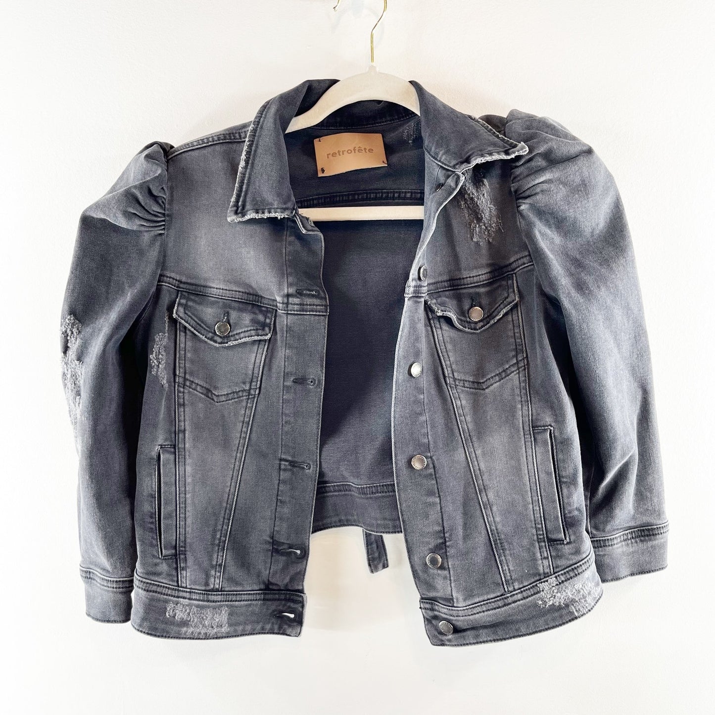 retrofete Ada Puff Sleeve Button-Front Denim Jean Jacket Faded Black Small