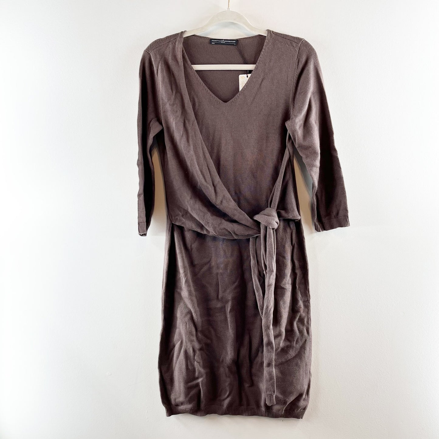 Peruvian Connection Back Bay Wrap Midi Sweater Dress Truffle Brown Small