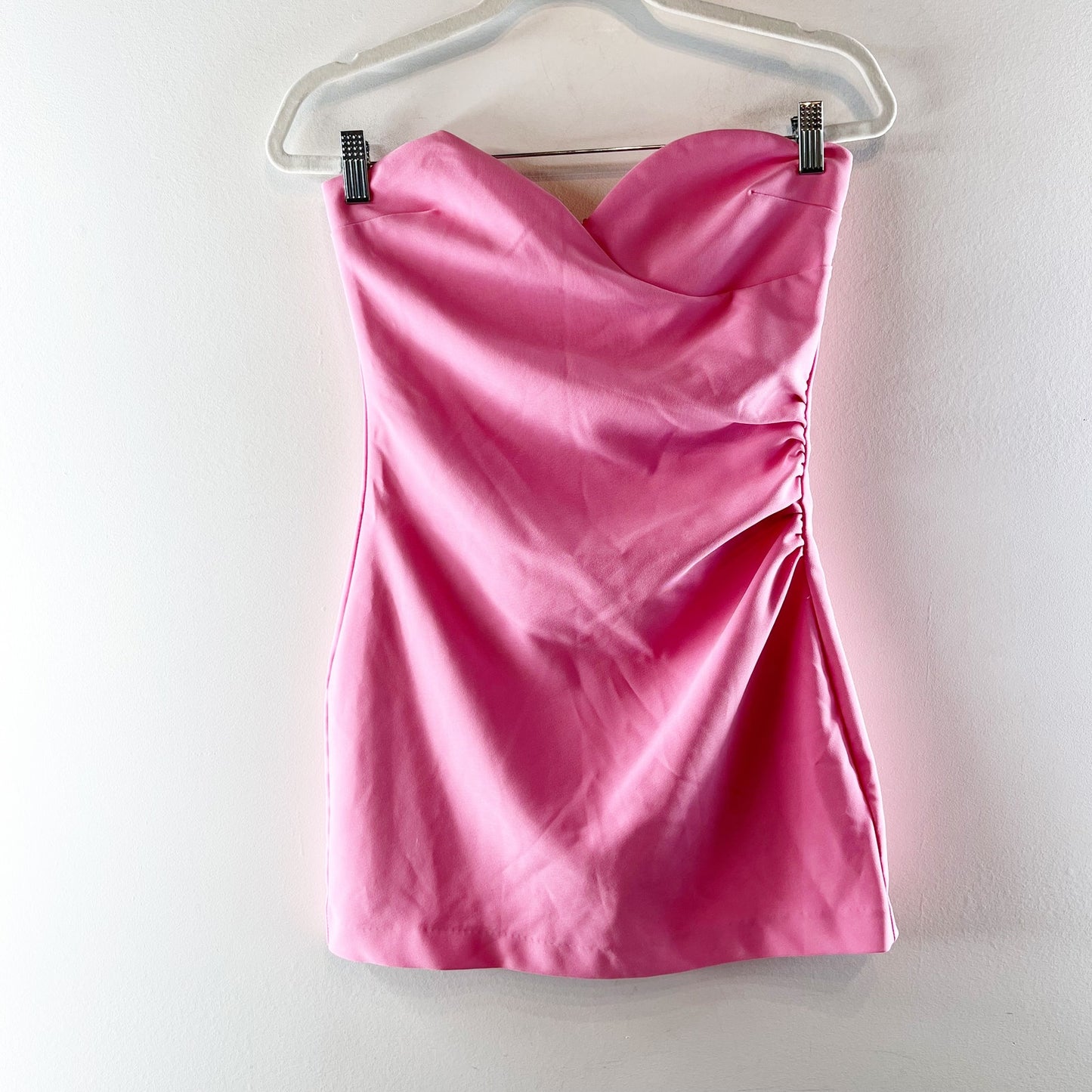 Zara Strapless Sweetheart Neck Ruched Mini Dress Bubble Gum Pink Medium