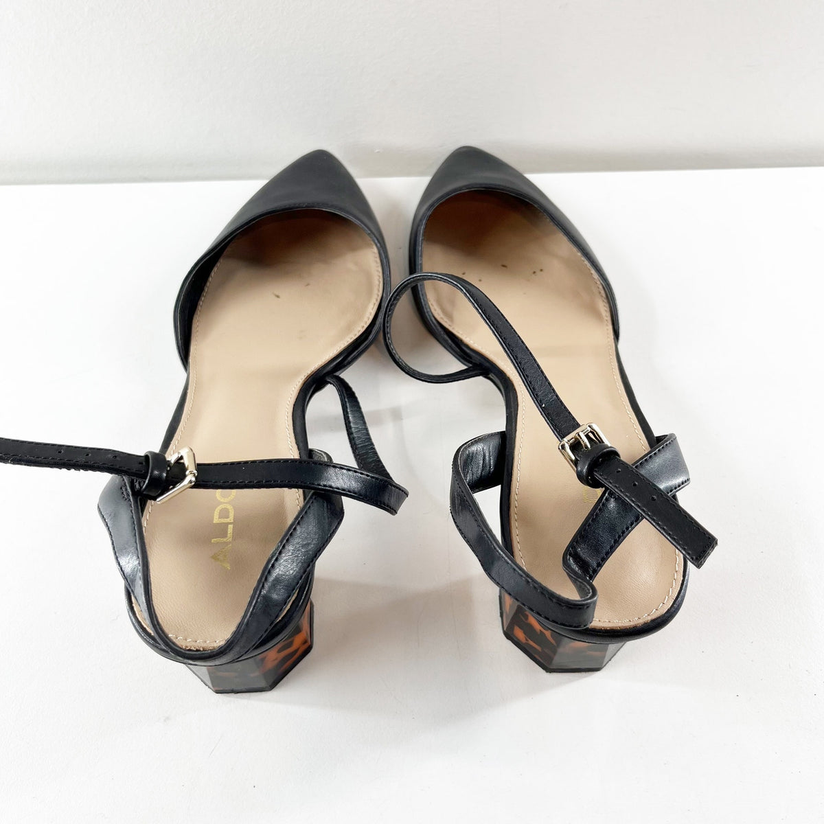 Aldo Gwelissa Tortoise Block Heel Leather Pointed Toe Pumps Black 10