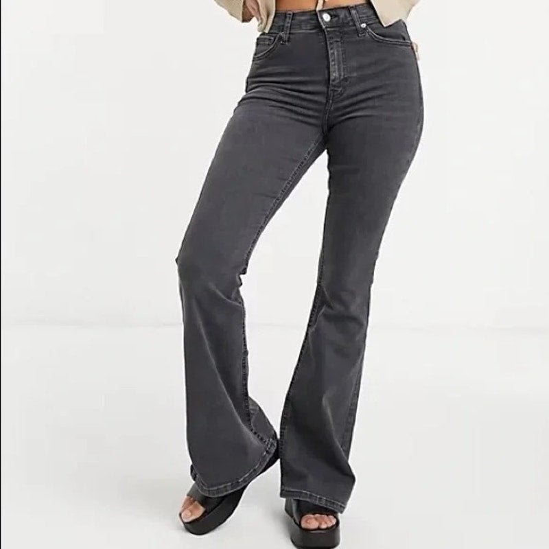 Topshop Jamie High Rise Flare Jeans Washed Black 28 / 6