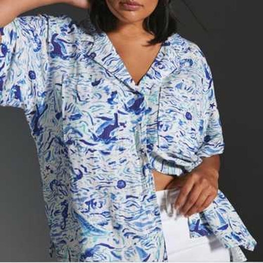 Maeve Anthropologie Short Sleeve Linen Blend Surf Shirt Blue XL