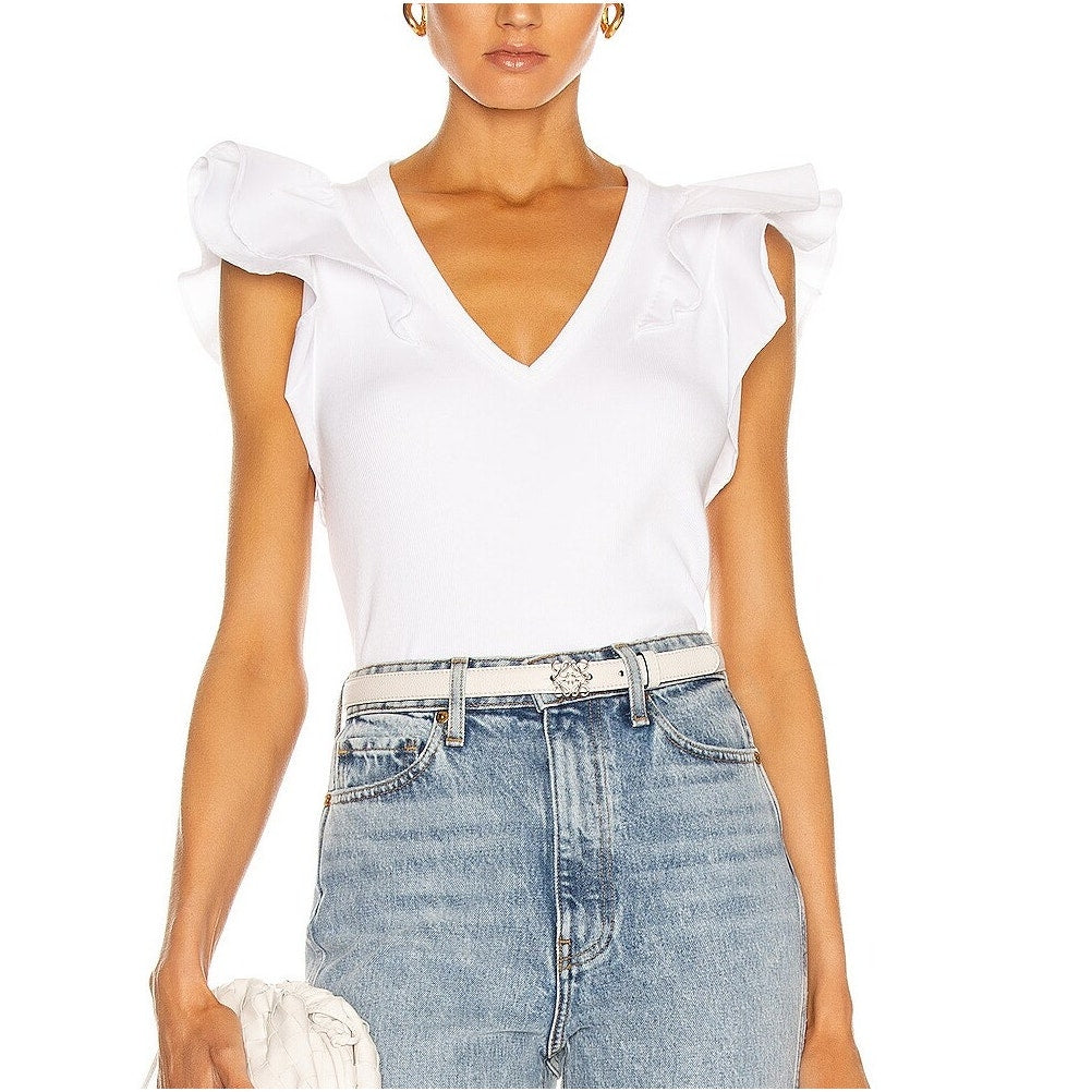 Veronica Beard Cathie Ruffle Sleeve V Neck Ribbed Tee Shirt Top White XS