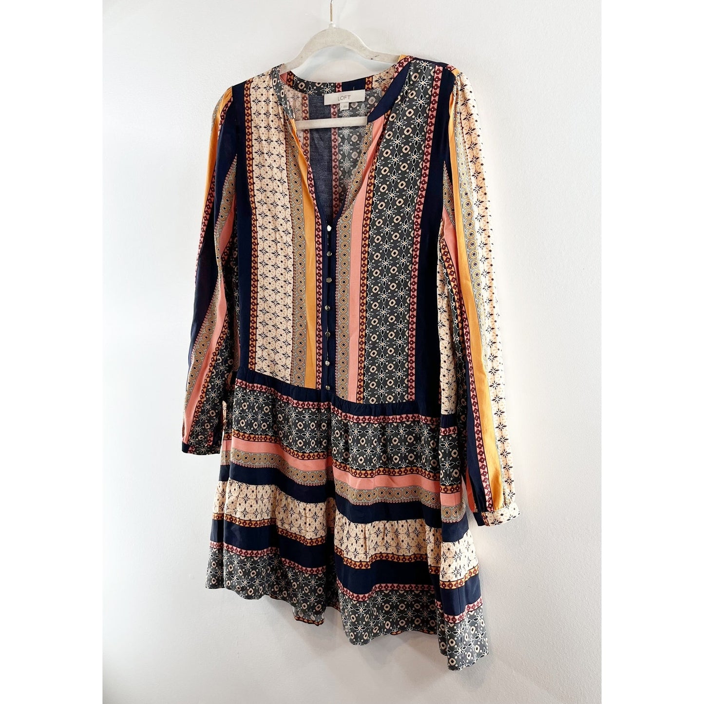 LOFT Foulard Long Sleeve Striped Tunic Mini Boho Dress Blue Orange Small