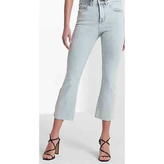 Express High Rise Cropped Flare Raw Hem Light Wash Jeans Blue 4
