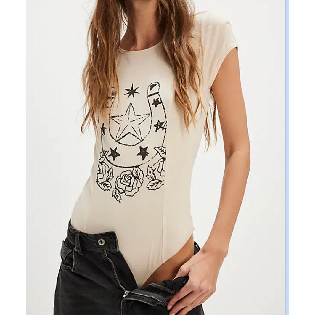 Free People Desert Darling Short Sleeve Western Horseshoe Bodysuit Top Cream L