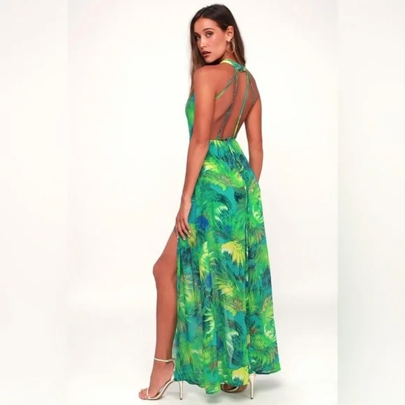 Lulus Tropic Of Discussion Floral Tropical High Neck Maxi Dress Green Medium