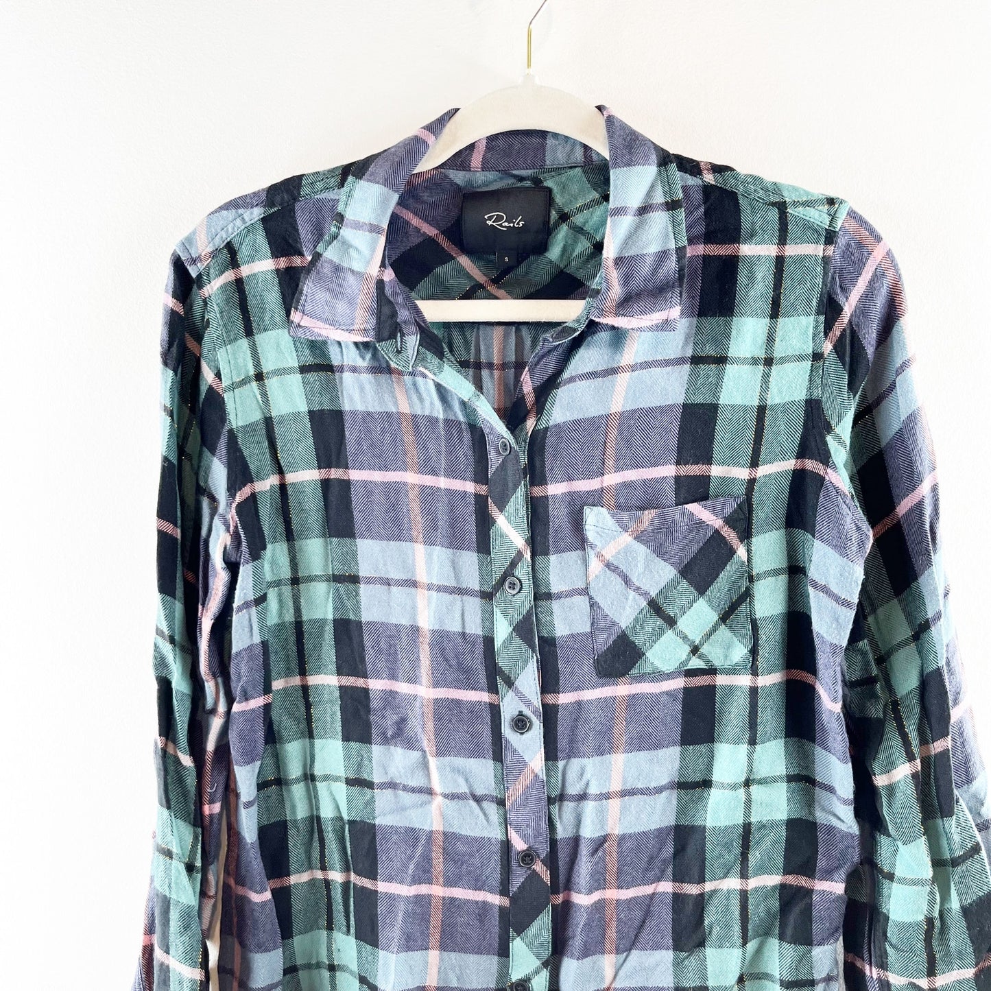 Rails Hunter Plaid Button Up Long Sleeve Shirt Teal Navy Blue Pink Small