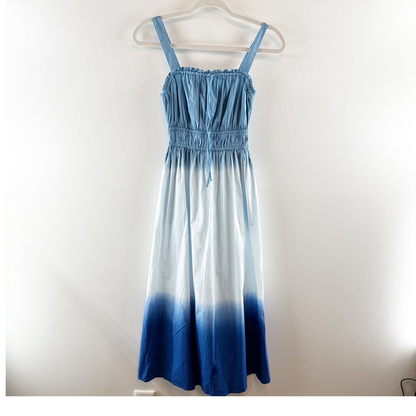 J. Crew Square Neck Smocked Waist Ombre Poplin Midi Dress Blue White XXS