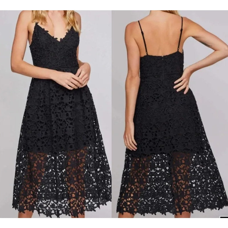 ASTR the Label Sleeveless V-Neck Lace A-Line Midi Cocktail Dress Black Small