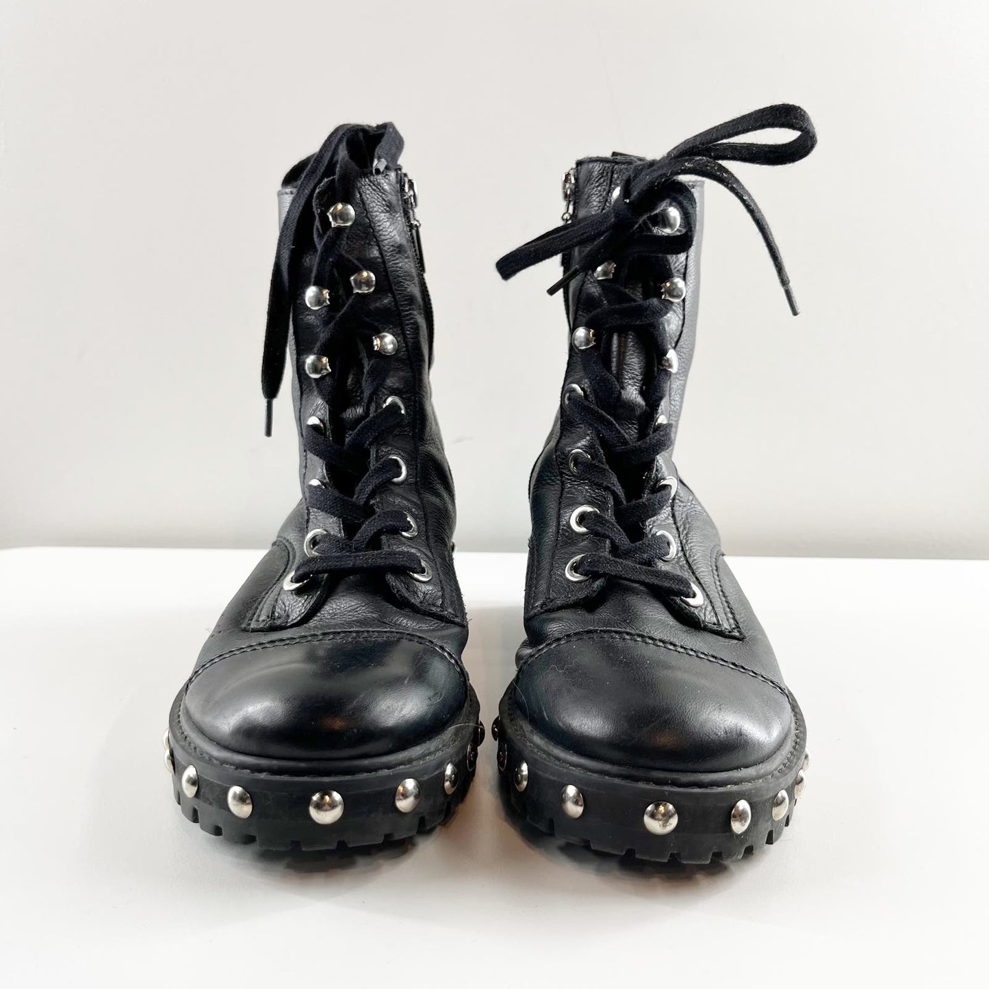 Schutz Andrea Ankle Combat Boots Booties Studded Leather Black 9.5