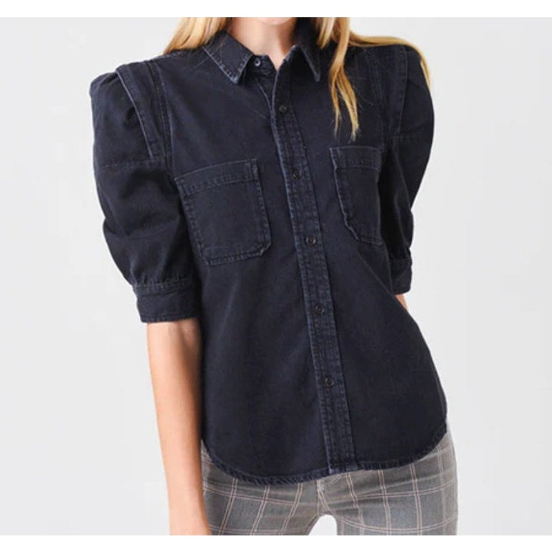 Frame Rosette Puff Elbow Sleeve Collared Denim Button Down Shirt Black Small
