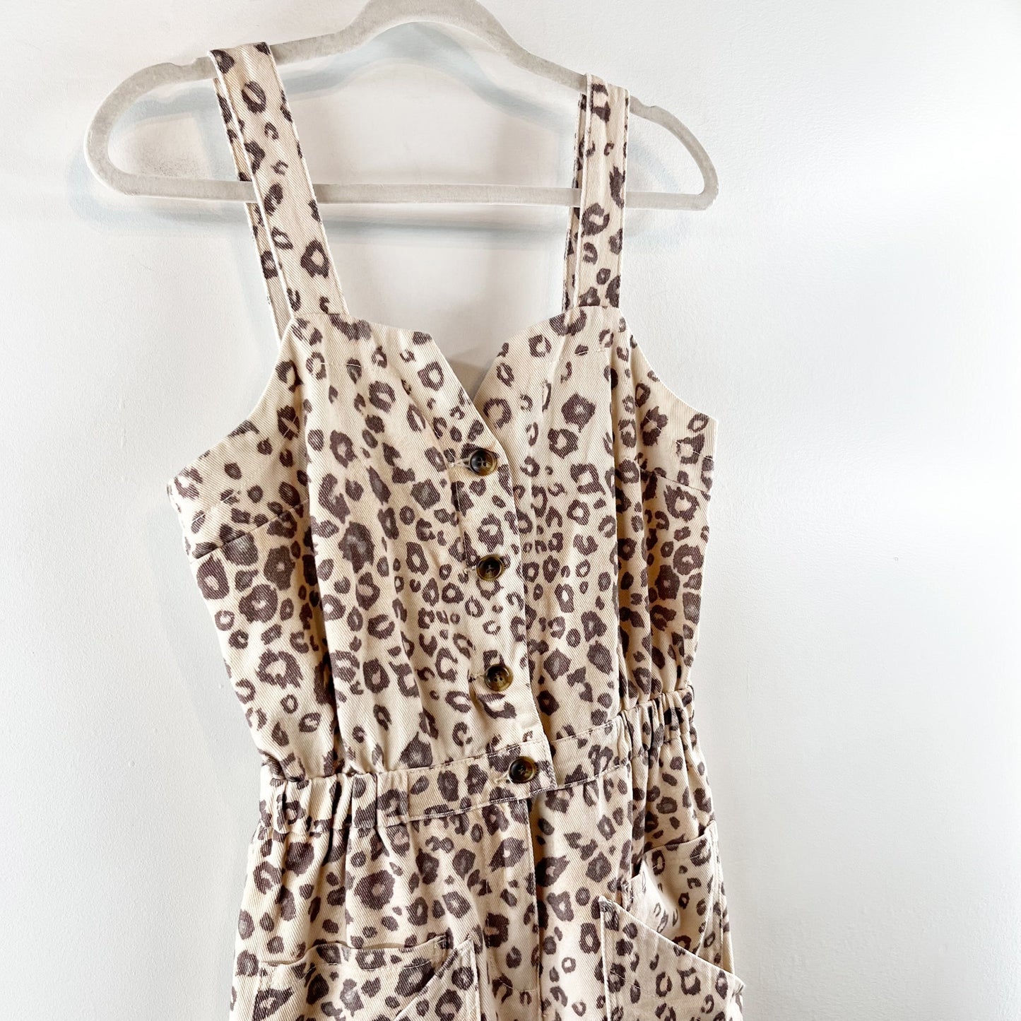 Anthropologie Current Air Sweetheart Neckline Piper Utility Jumpsuit Leopard Tan