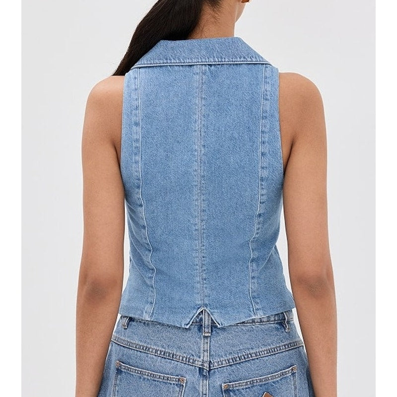 Reformation Jeans Nova Cotton Blend Collared Button-Front Denim Vest Leven 2