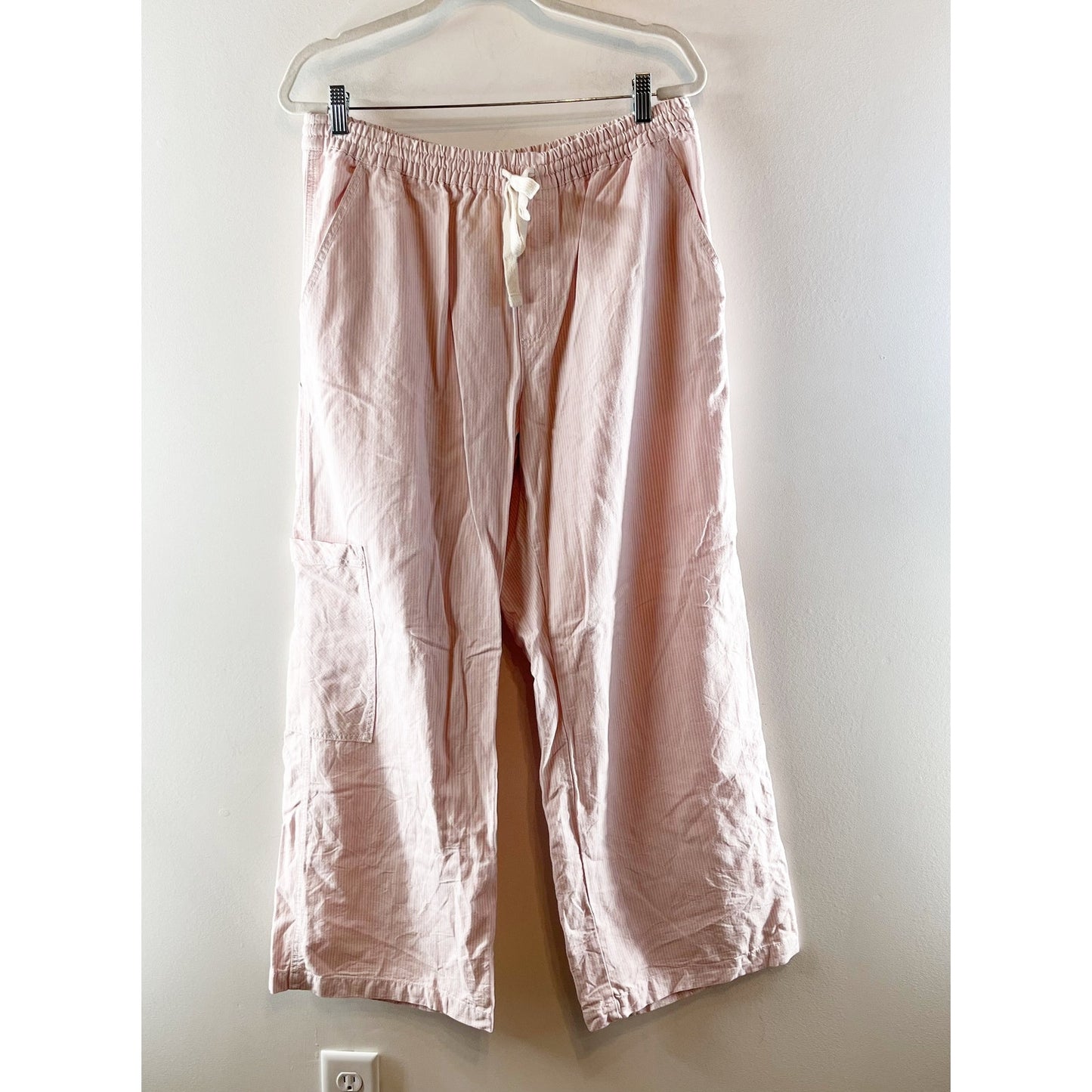 Aerie Low and Slouchy Wide Leg Pinstriped Drawstring Trouser Pants Pink Large