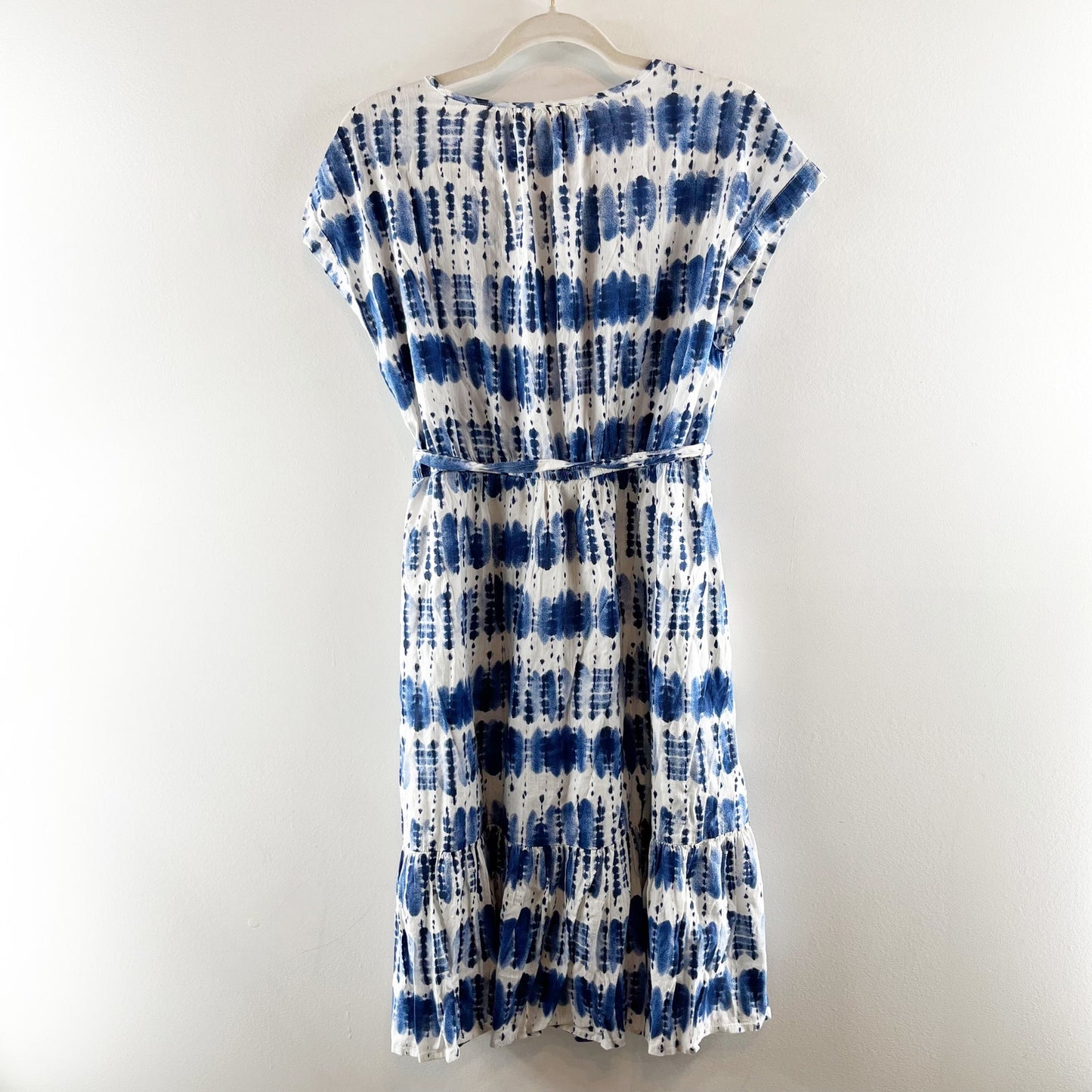 GAP V Neck Tie Dye Belted Tie Waist Short Sleeve Cotton Mini Dress Blue White M