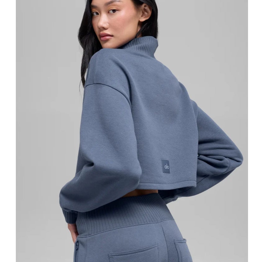 Alo Yoga Ribbed Mock Neck Cropped Serenity Coverup Sweatshirt Bluestone Blue XS