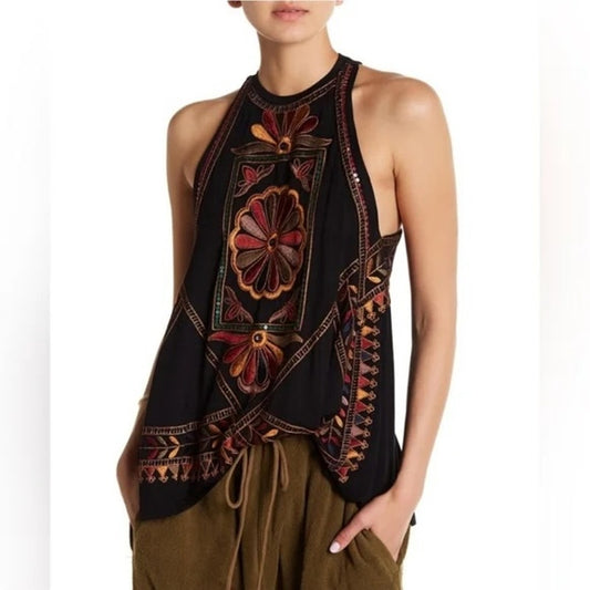 Free People Isabella Embellished Sequin Embroidered Jersey Tank Top Black Small