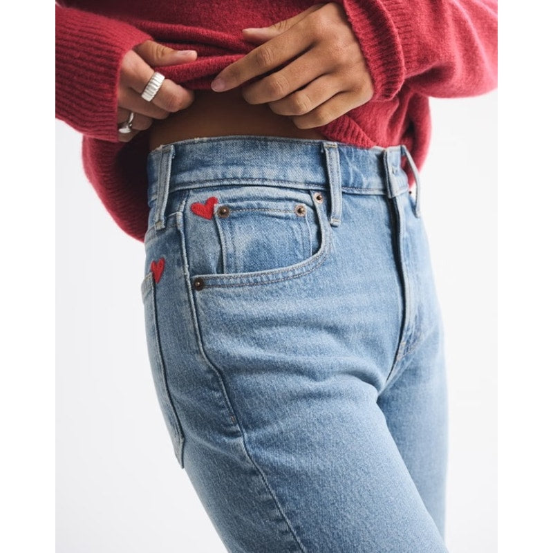 Abercrombie & Fitch High Rise 90s Relaxed Heart Embroidered Jeans Blue 27