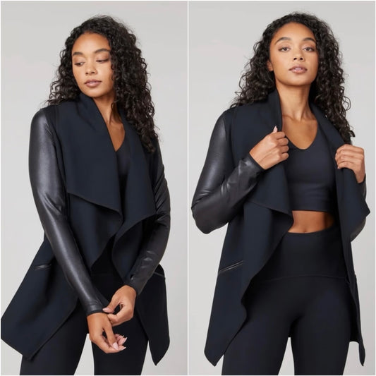 Spanx Long Sleeve Faux Leather Drape Front Blazer Jacket Black Medium
