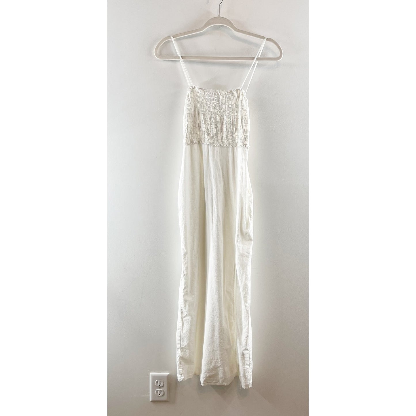 ZARA Smocked Linen Blend Slit Midi Dress White XS