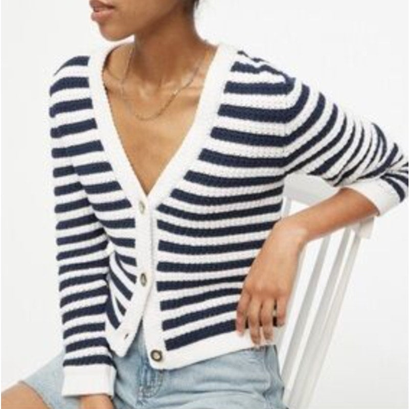 J. Crew Striped V-Neck Cardigan Sweater White Blue XL