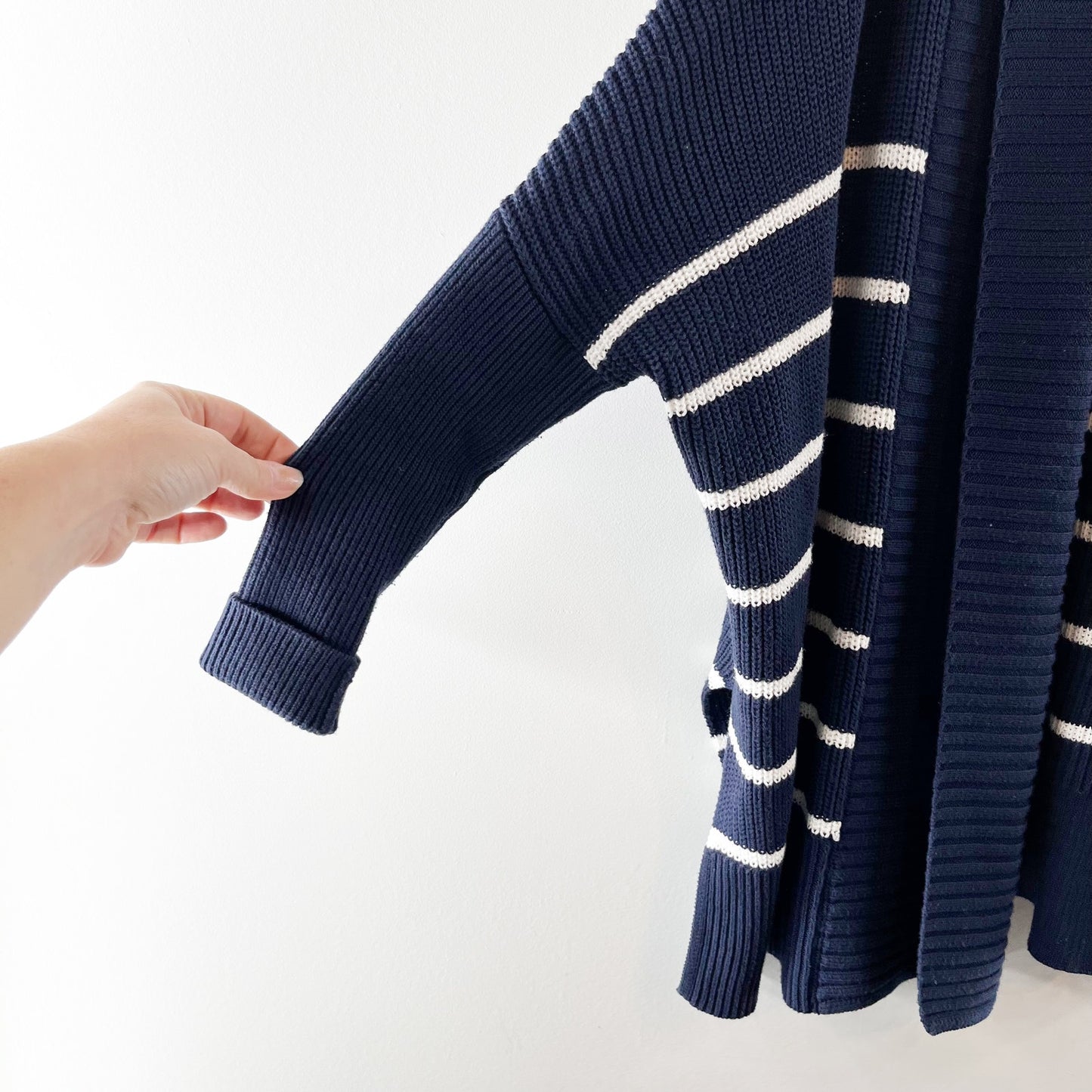 Athleta Striped Peaceful Wrap Open Knit Chunky Cardigan Sweater Navy Blue XXS