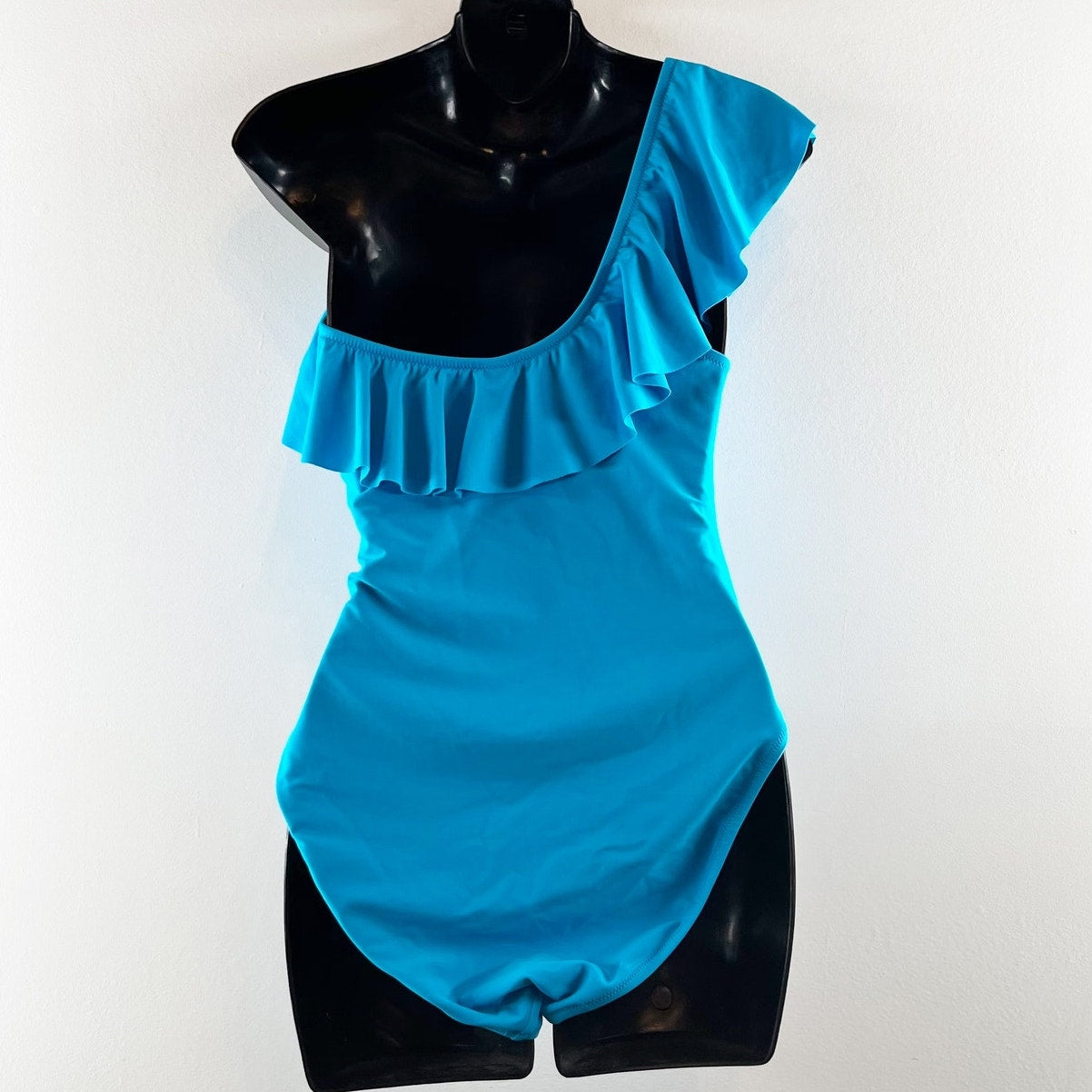 J. Crew One Shoulder Ruffle Trim One Piece Swimsuit Blue Teal Medium