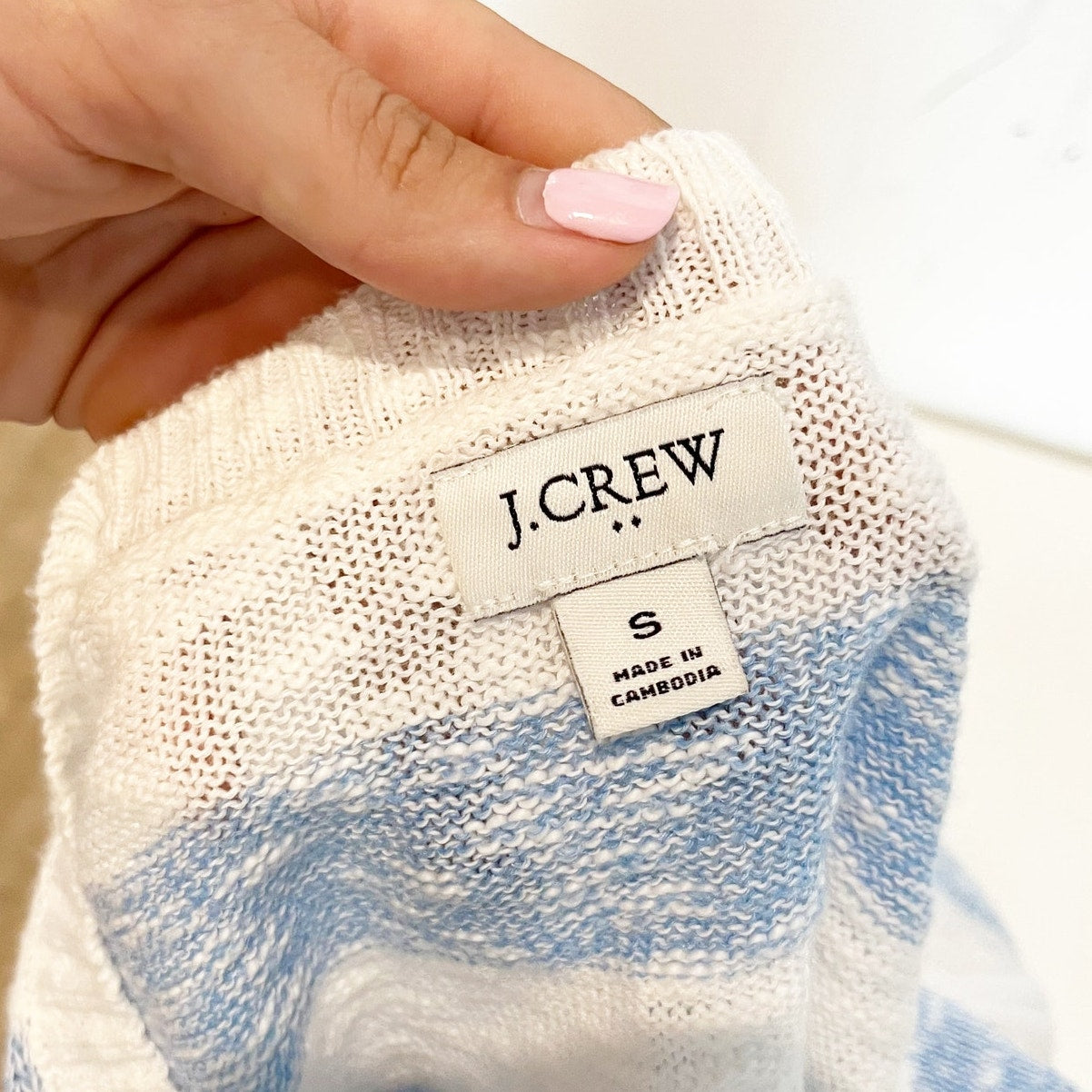 J.Crew Striped Long Sleeve Crewneck Beach Pullover Sweater White Pale Cerulean S