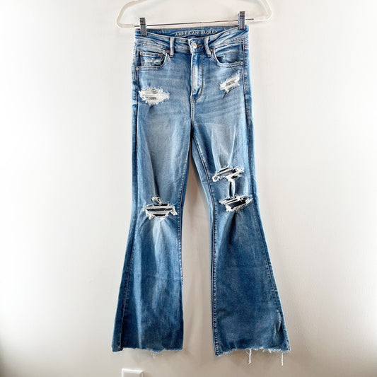 American Eagle Super Hi Rise Distressed Stretch Flare Jeans Blue 4
