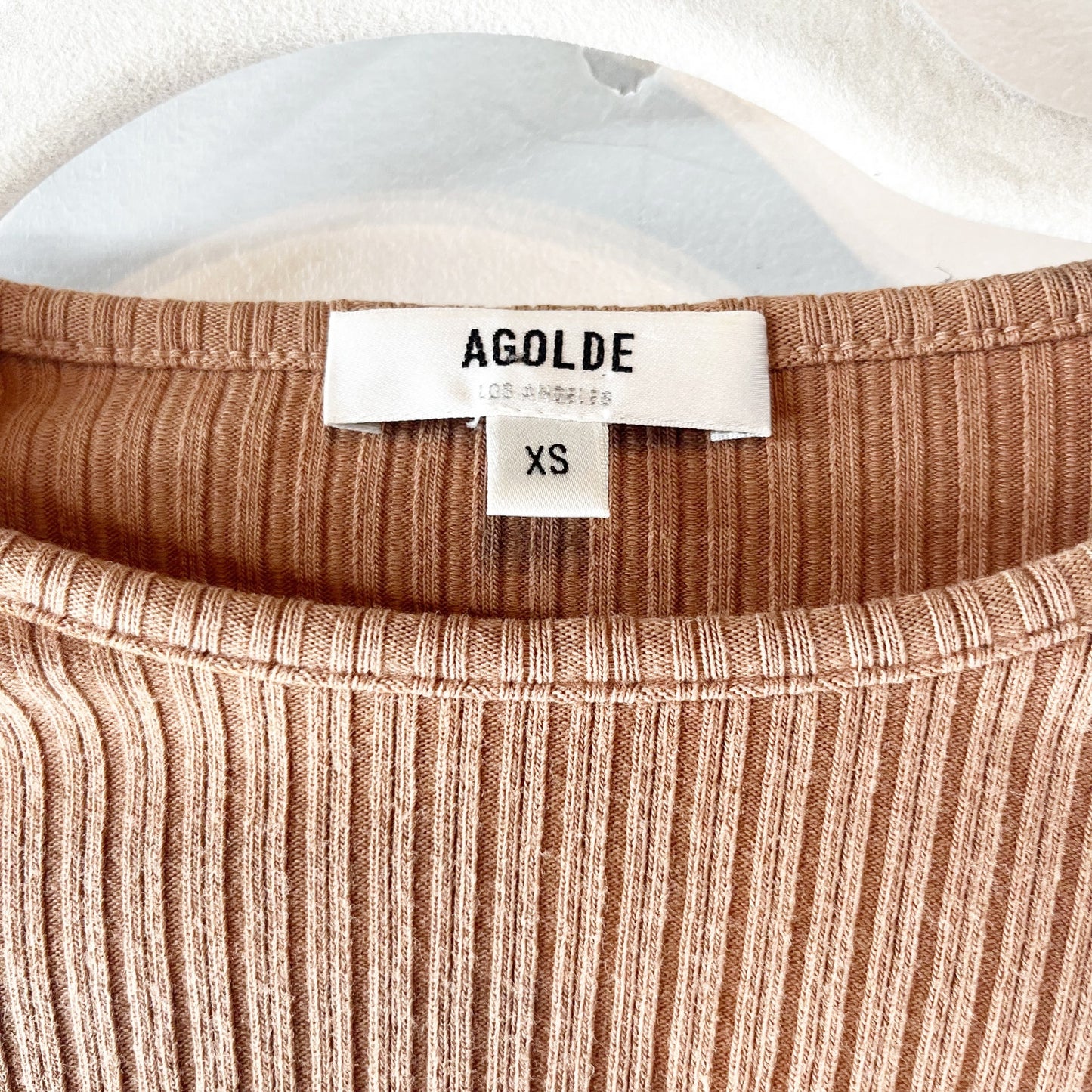 AGOLDE Lyza Cutout Ribbed Long Sleeve Top Tan Beige XS