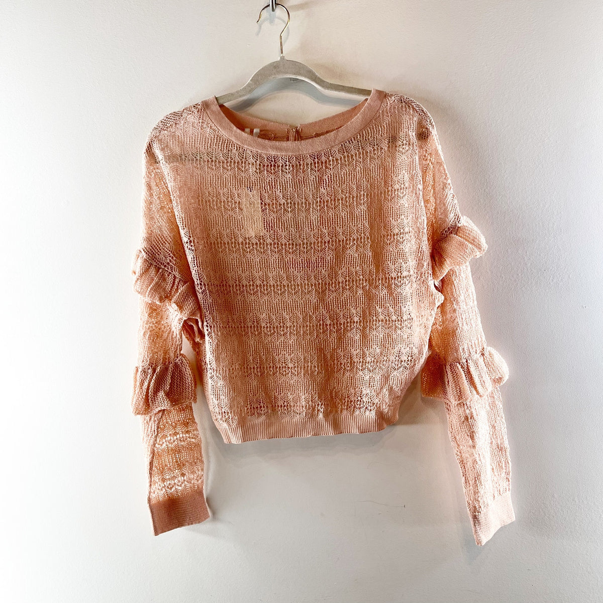 Anthropologie Sheer Open-Stitch Ruffle Pullover Sweater Pink Peach Small