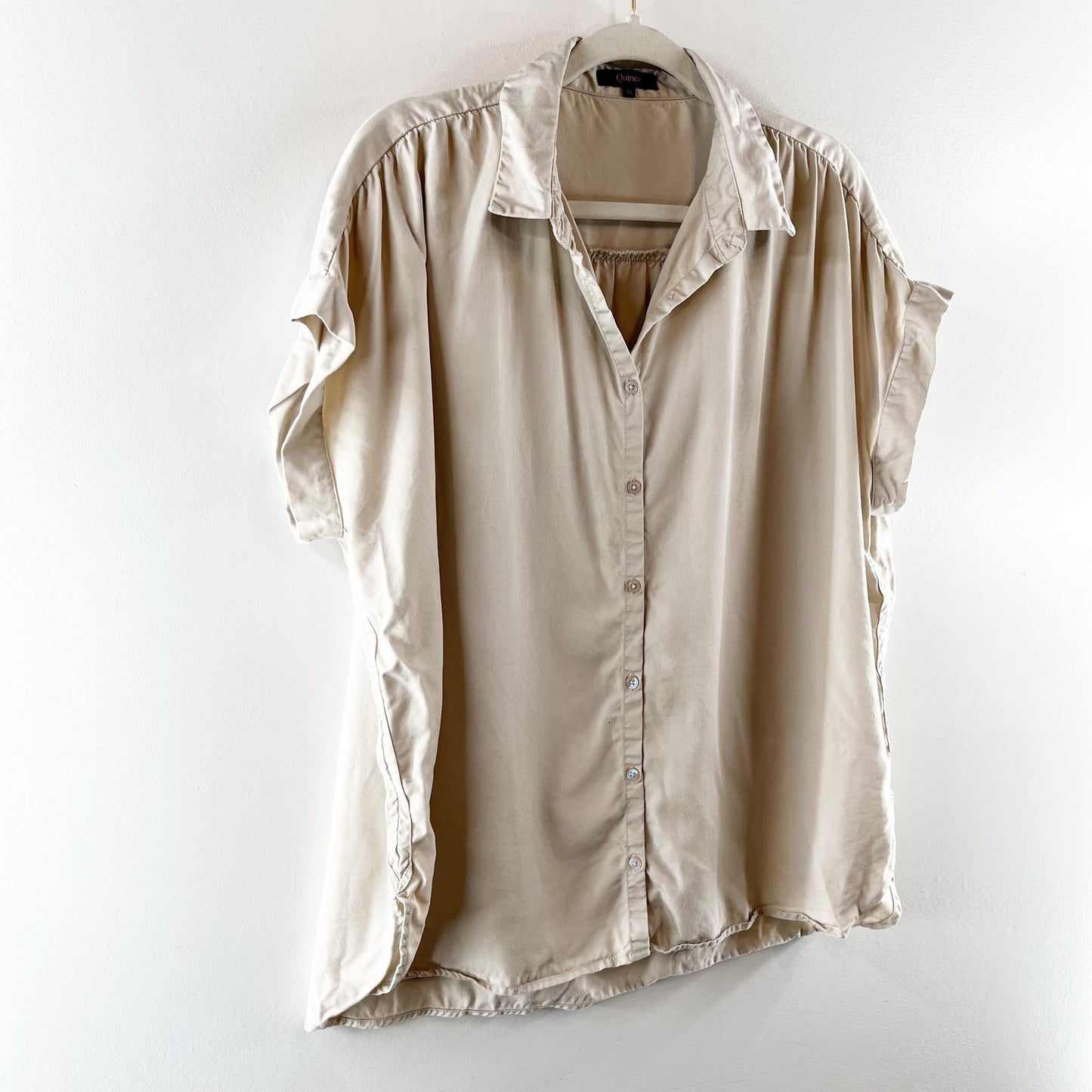 Quince Vintage Wash 100% Tencel Short Sleeve Camp Shirt Shale Tan XL