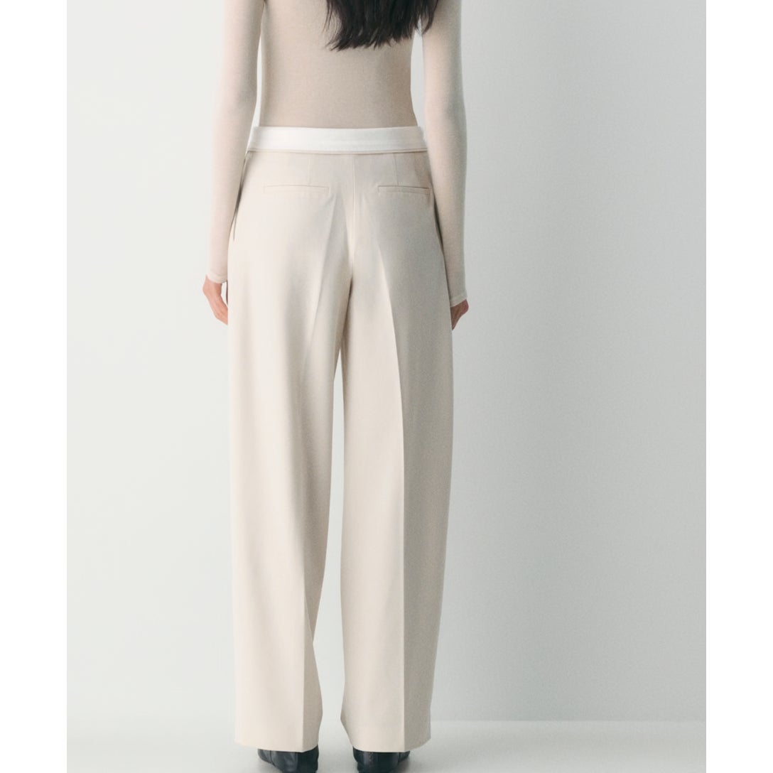 Babaton Aritzia Bureau Foldover Waist Pleated Wide Leg Pants Trousers Cream 4