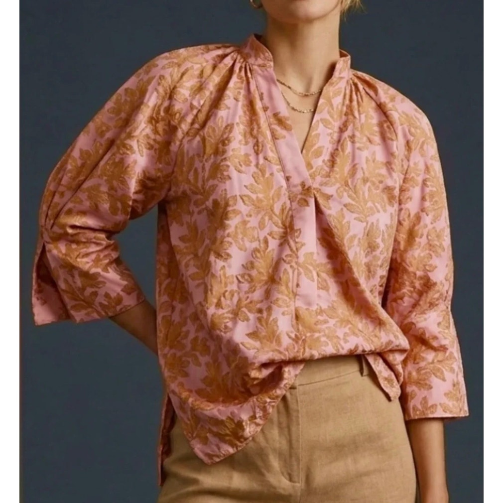 Anthropologie 3/4 Sleeve Floral Leaf Print Embroidered Blouse Top Pink Medium