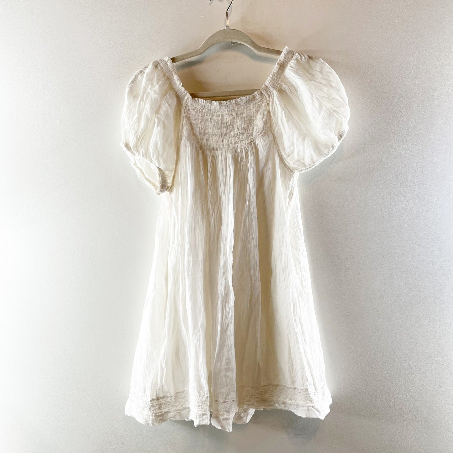 Free People Short Puff Sleeve Smocked Babydoll Mini Dress White XS
