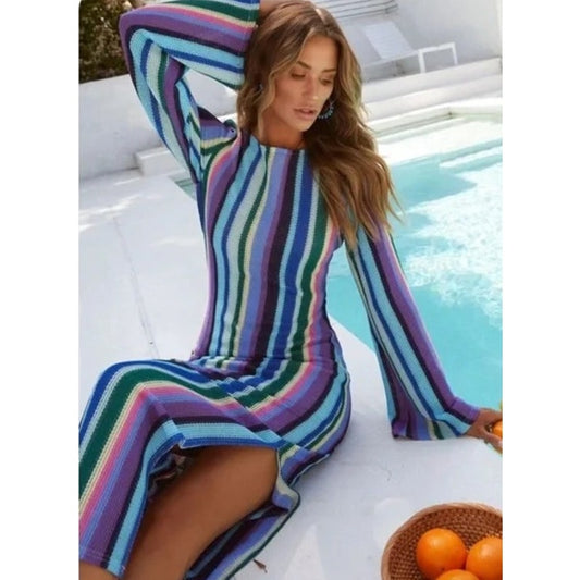 VICI Long Sleeve Striped Knit Rainbow Islas Maxi Dress Blue Purple Medium