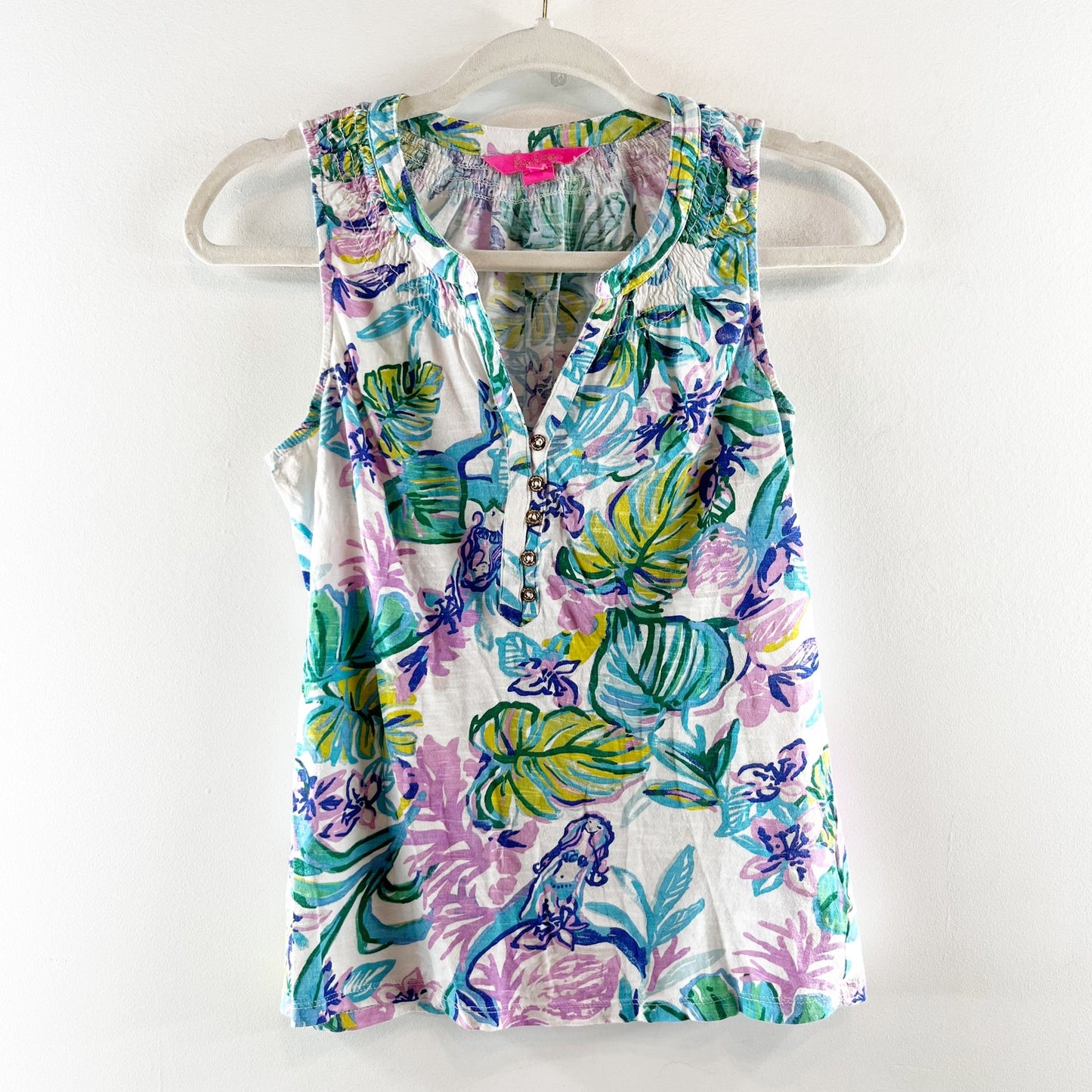 Lilly Pulitzer Essie Tank Top Floral White Green Blue Pink XS
