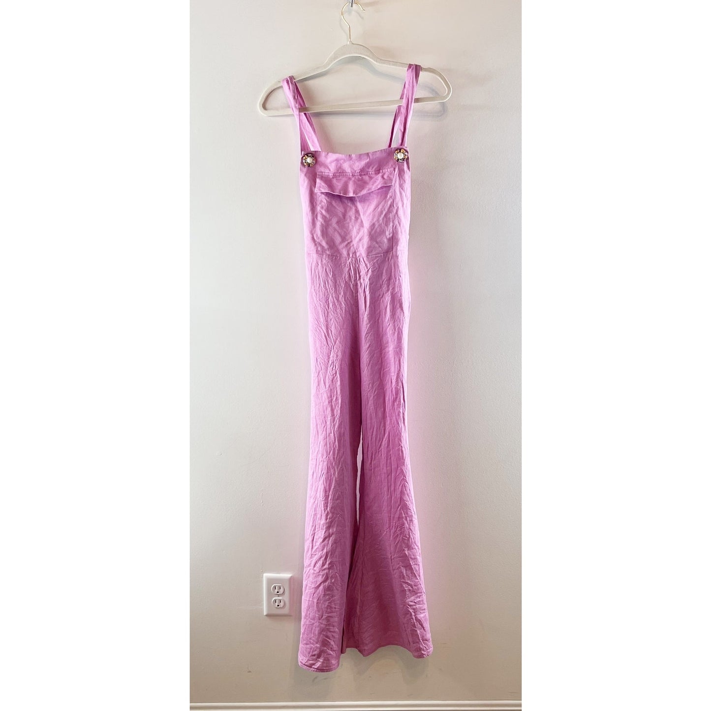 Sleeper Baccara 100% Linen Sleeveless Flare Leg Utilitarian Jumpsuit Pink Small