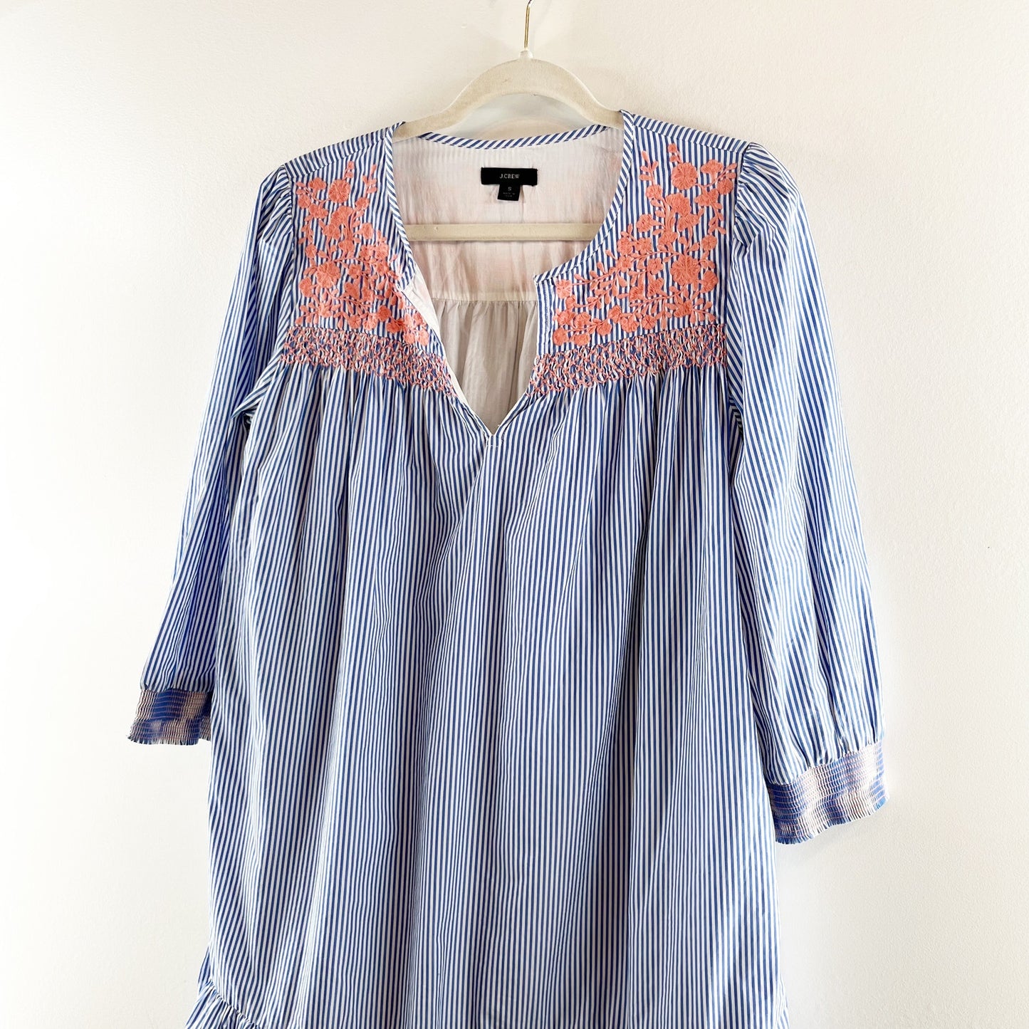 J. Crew Leda Popover Embroidered Striped 3/4 Sleeve Cotton Mini Dress Blue Small