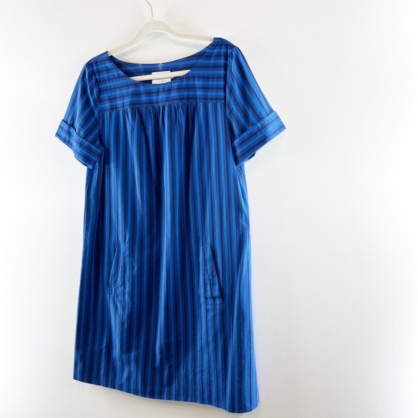 HD in Paris Anthropologie Short Sleeve Striped Cotton Mini Shift Dress Blue 12