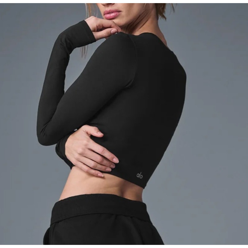 Alo Alosoft Crop Finesse Long Sleeve Fitted T-Shirt Top Black Small