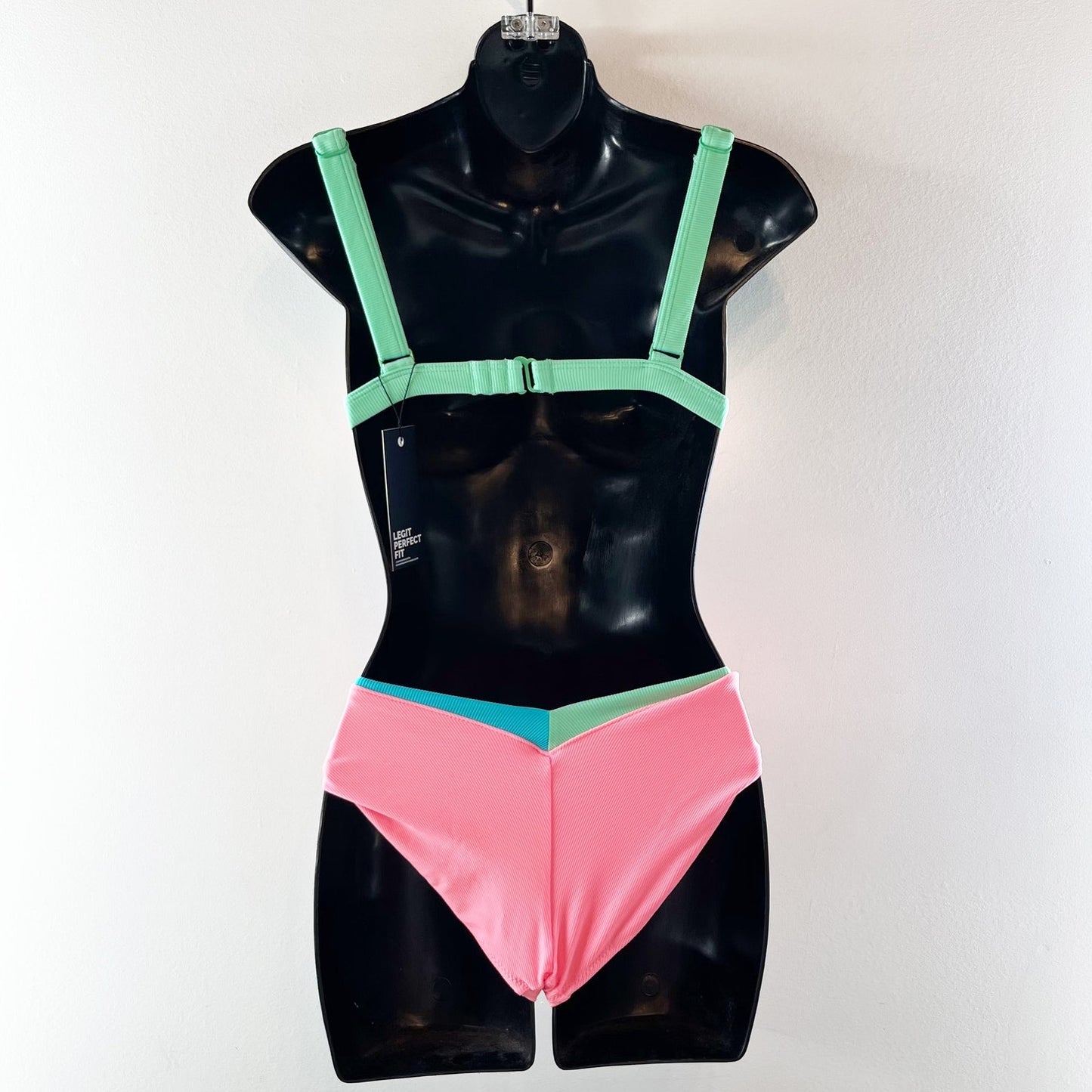 One One Kameron Triangle Ribbed Colorblock Bikini Set Pink Blue Green XS