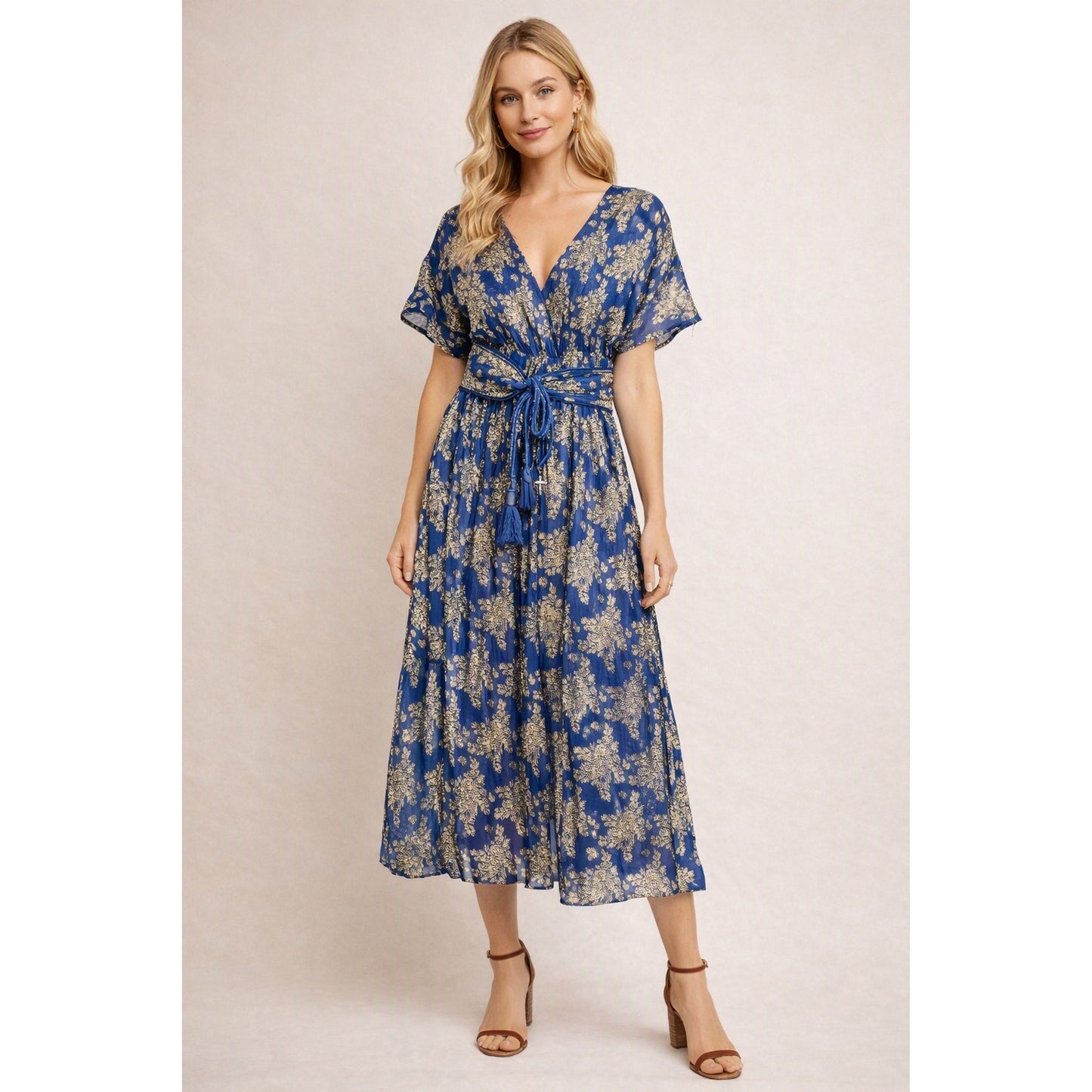 Beau & Ro Retro Belted Short Sleeve Midi Dress Navy Floral Shine Blue Gold Small