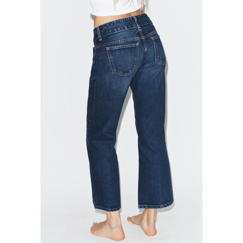 Zara Low Rise Patch Pocket Dark Wash Denim Flare Jeans Blue 0