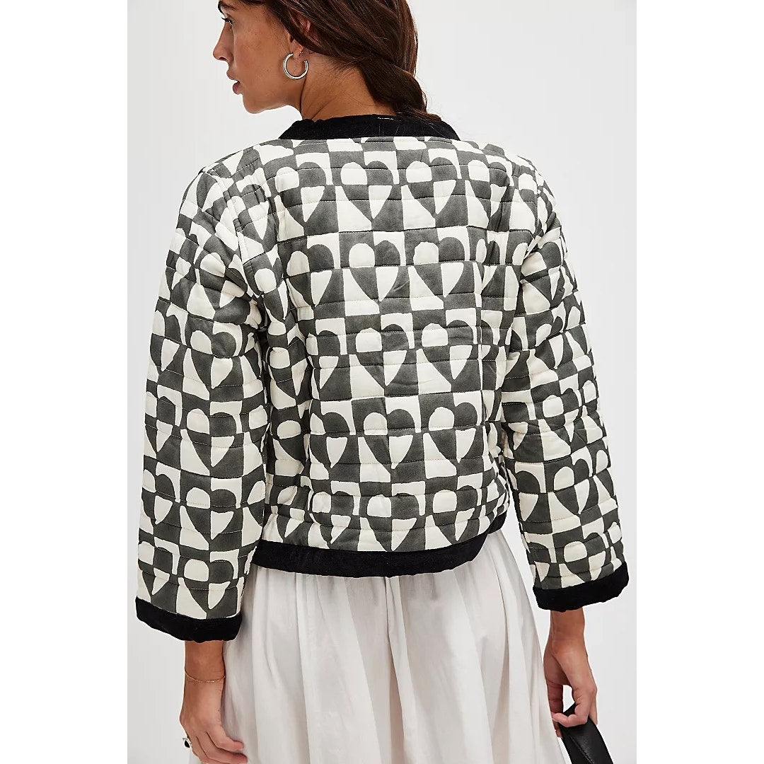 SZ Blockprints Poppy Reversible Quilted Heart Jacket Black White Small